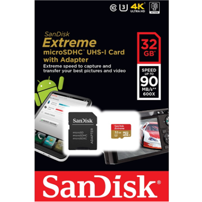 SANDISK 32GB Extreme microSDHC + SD Adapter + Rescue Pro Deluxe 90MB/s Class 10 UHS-I U3