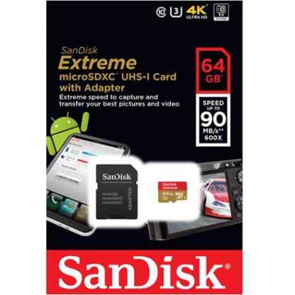 SANDISK 64GB Extreme microSDXC + SD Adapter + Rescue Pro Deluxe 90MB/s Class 10 UHS-I U3